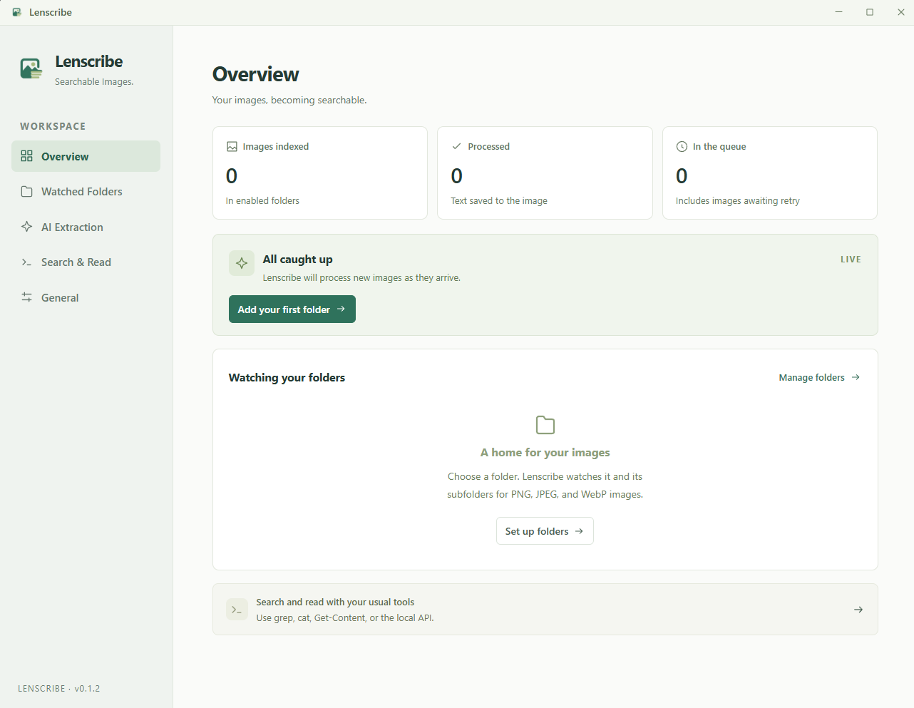Lenscribe Overview showing image counts, processing status, and watched folders