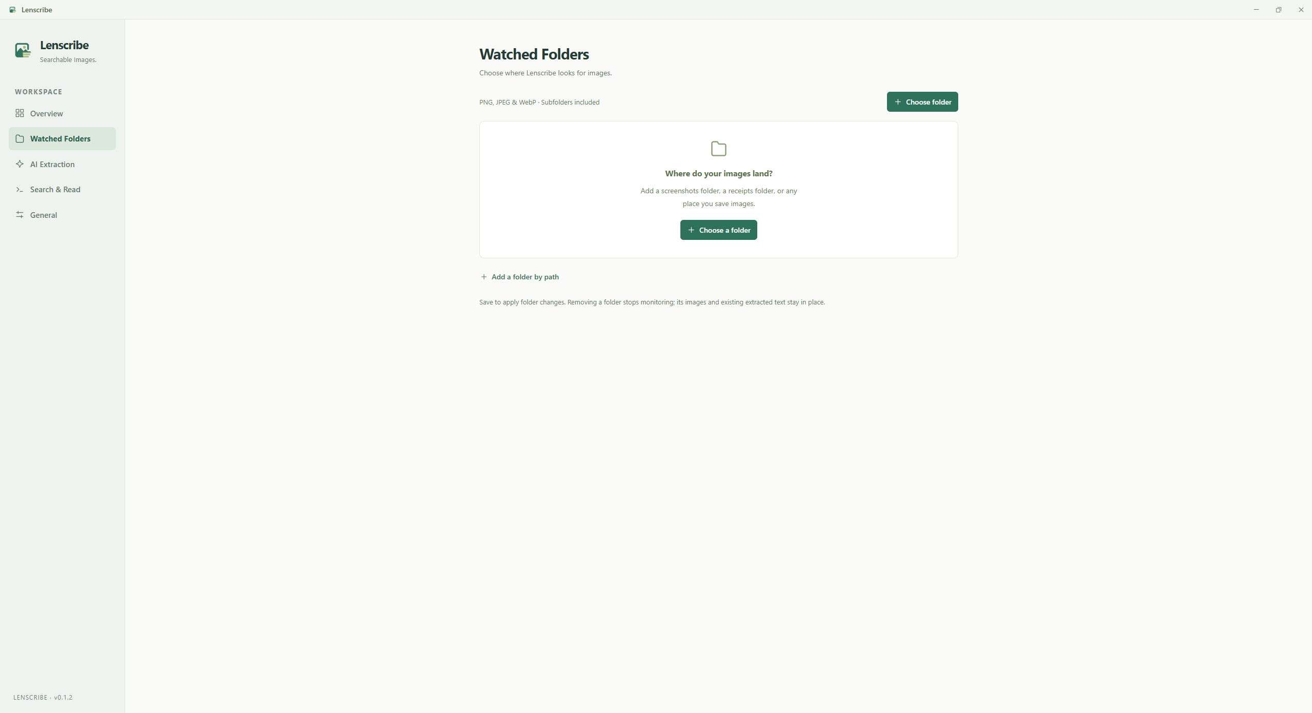Lenscribe Watched Folders settings with folder paths, extraction status, and Inspect Files controls